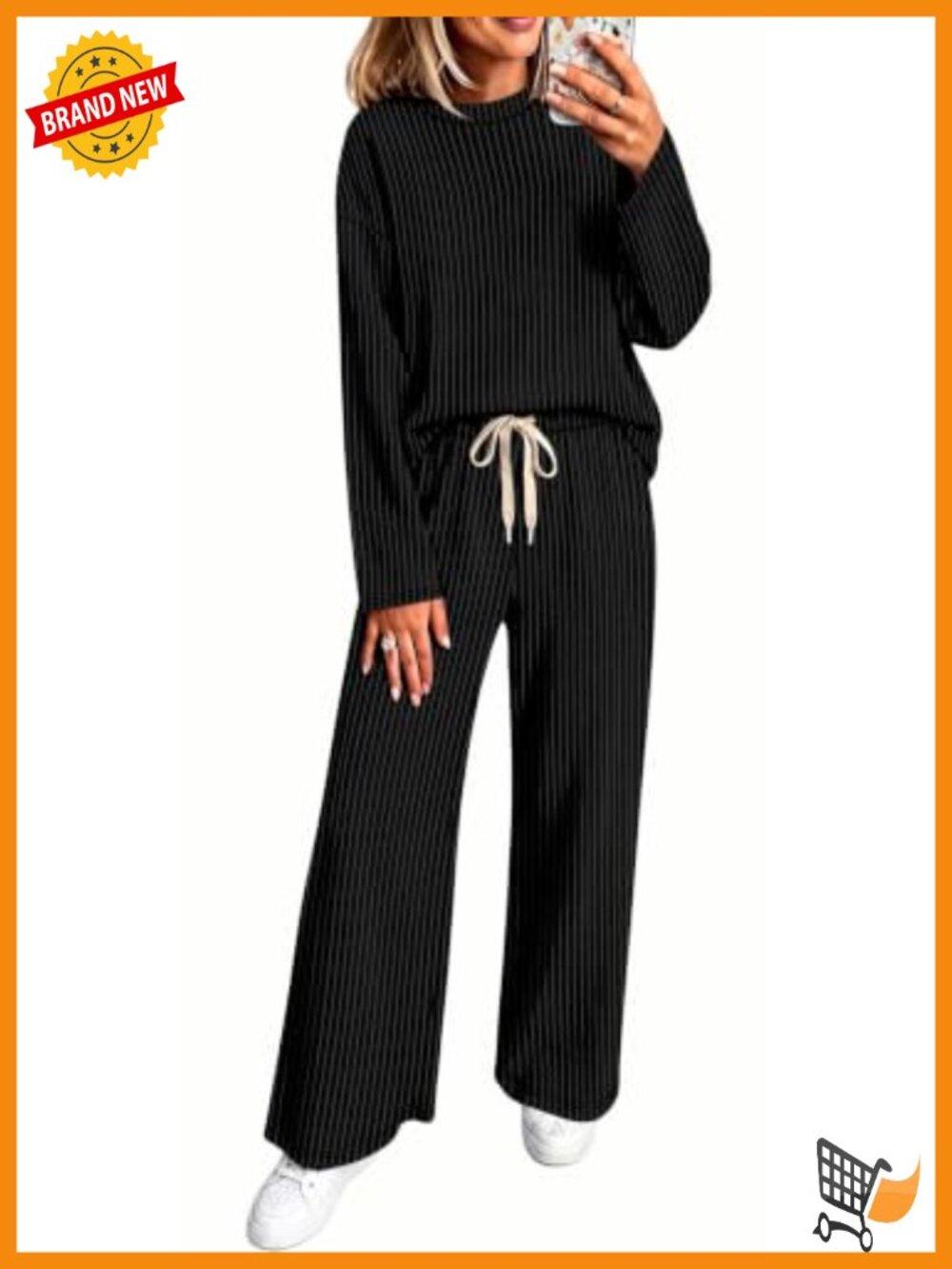 Two Piece Outfits Lounge Set Ribbed Knit Crewneck Drop Shoulder Pant Set